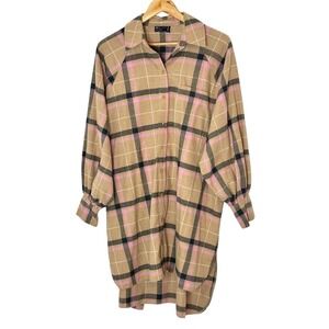 ASOS DESIGN Tan Pink Black Plaid Oversized Button Front Shirt Dress Size 6